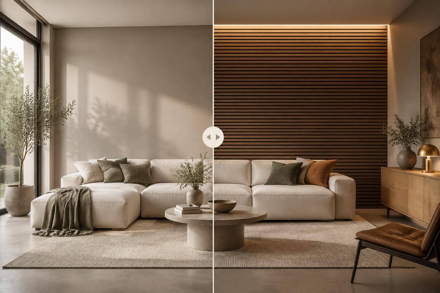 Quer montierte Akustikpaneele aus hellem Holz hinter einem Sofa mit dezenter indirekter Beleuchtung