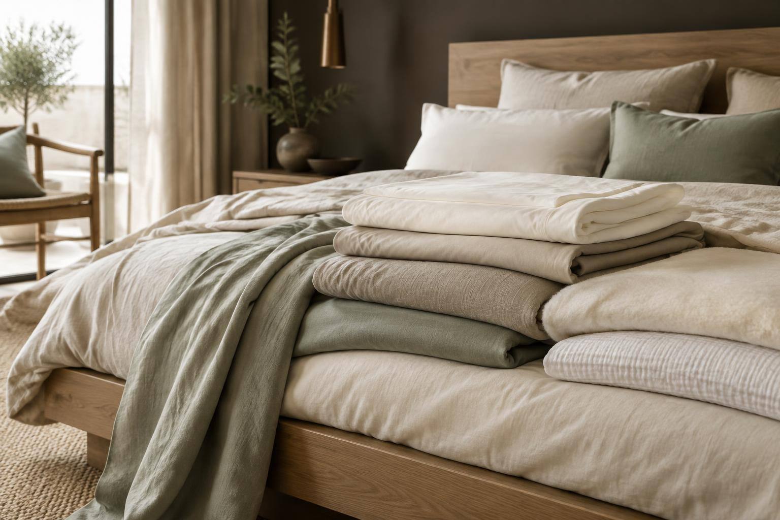 Bettwäsche aus Perkal, Satin, Leinen, Jersey und Seersucker mit unterschiedlichen Oberflächen auf einem Holzbett