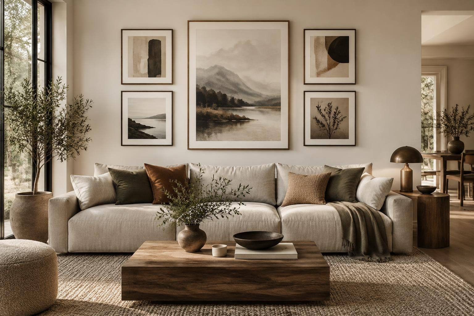 Bilderwand mit fünf harmonisch angeordneten Rahmen über einem hellen Sofa im skandinavischen Wohnzimmer