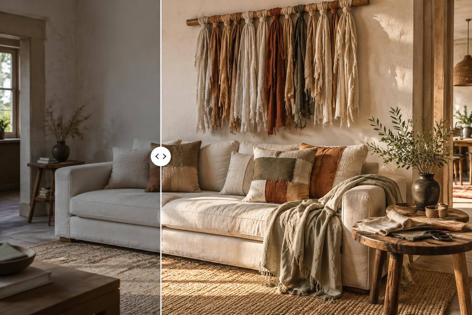 Boho-Wandbehang aus Stoffstreifen und Patchwork-Kissen in Creme und Terrakotta in einem hellen Wohnzimmer