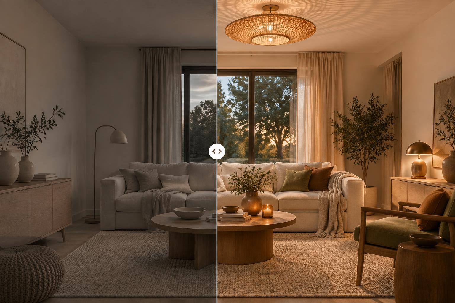 Rattan-Deckenleuchte im Boho-Scandi-Wohnzimmer mit hellen Naturtönen und sanftem Schattenwurf