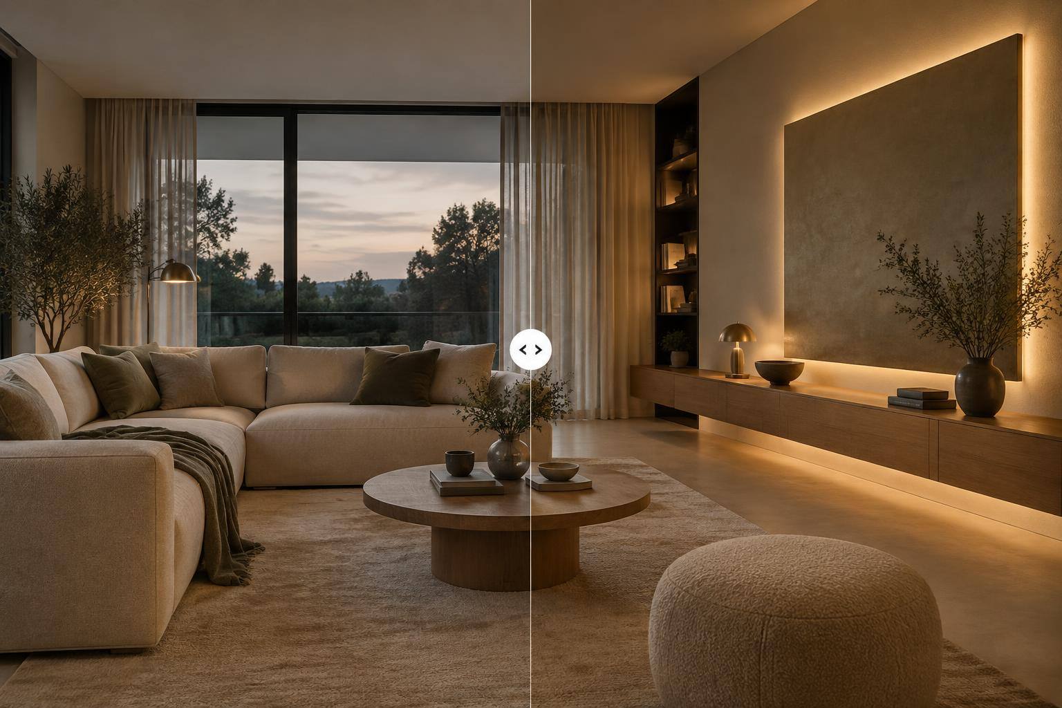 Indirekte Wandbeleuchtung hinter einem schwebenden Holzsideboard und einer Wandplatte im wohnlichen Wohnzimmer
