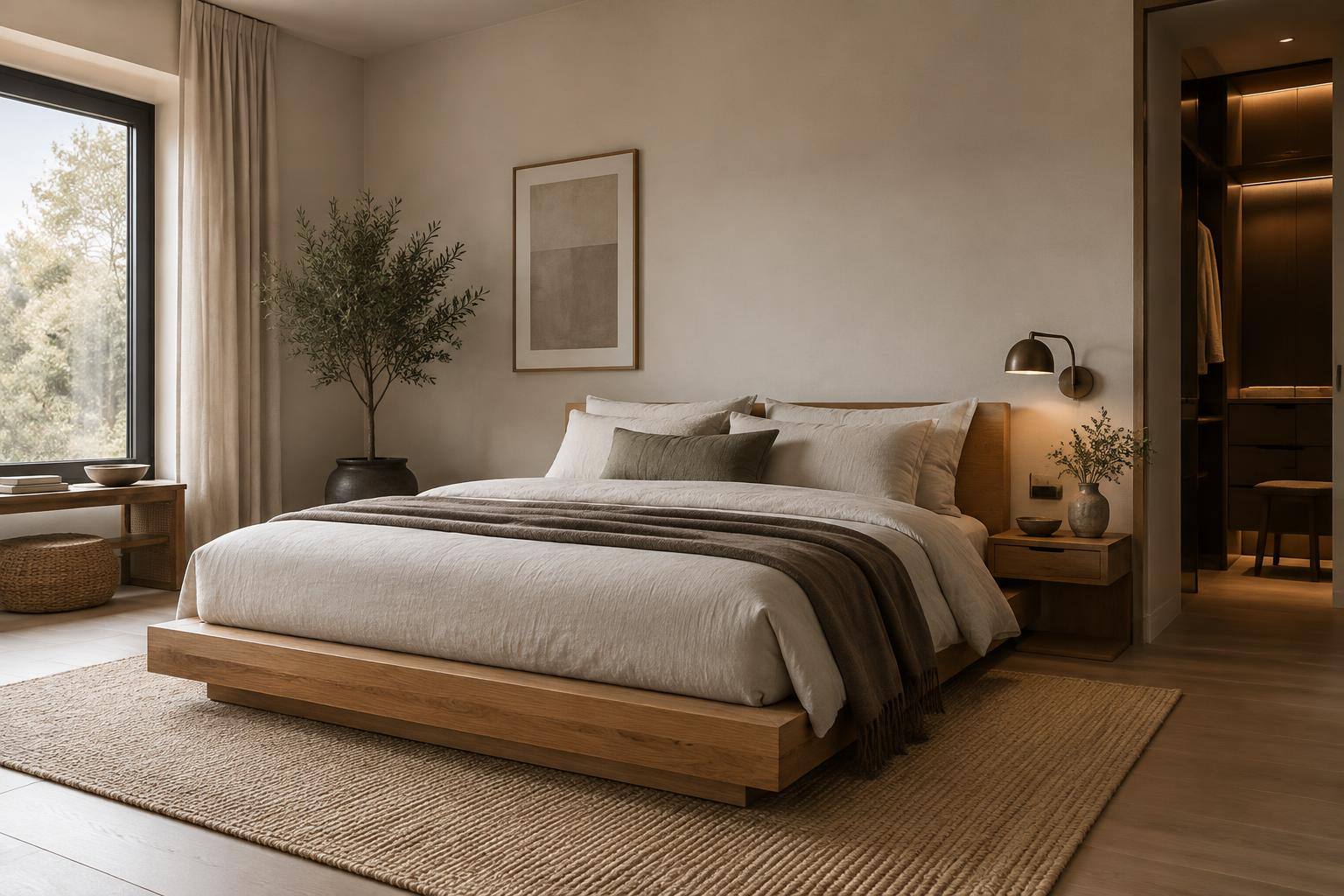 Niedriges Japandi Bett aus hellem Holz mit cremefarbener Bettwäsche in einem ruhig gestalteten kleinen Schlafzimmer