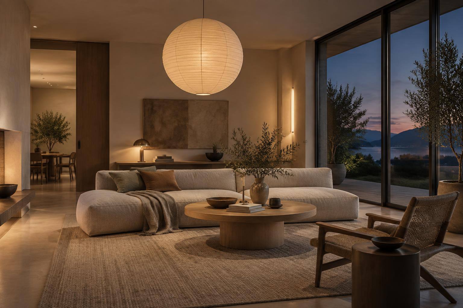 Leuchtende Japandi-Papierleuchte über einem ruhigen Wohnbereich mit hellem Holz, Leinensofa und sanftem Wandlicht