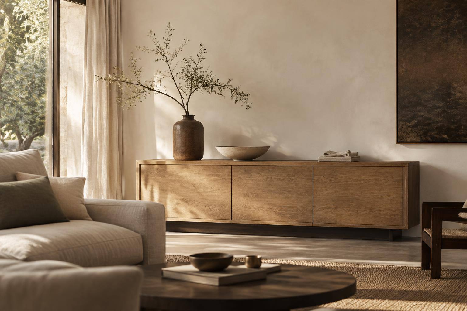 Japandi Deko auf einem Eichen-Sideboard mit matter Keramikvase, flacher Schale, Leinen und bewusst freien Flächen