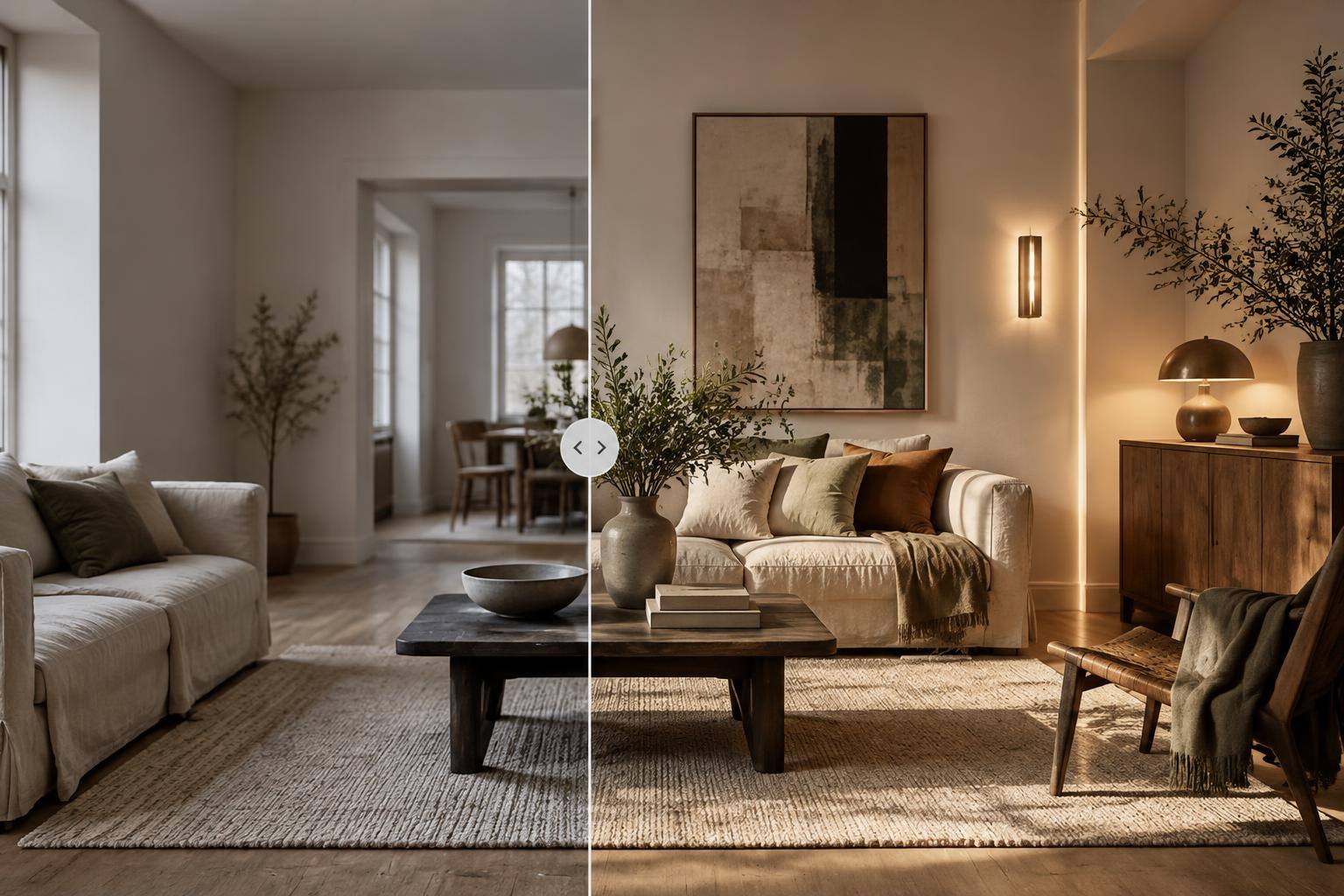 Japandi-Wohnzimmer mit Leinensofa, dunklem Holztisch, hellem Wollteppich und warmem Licht