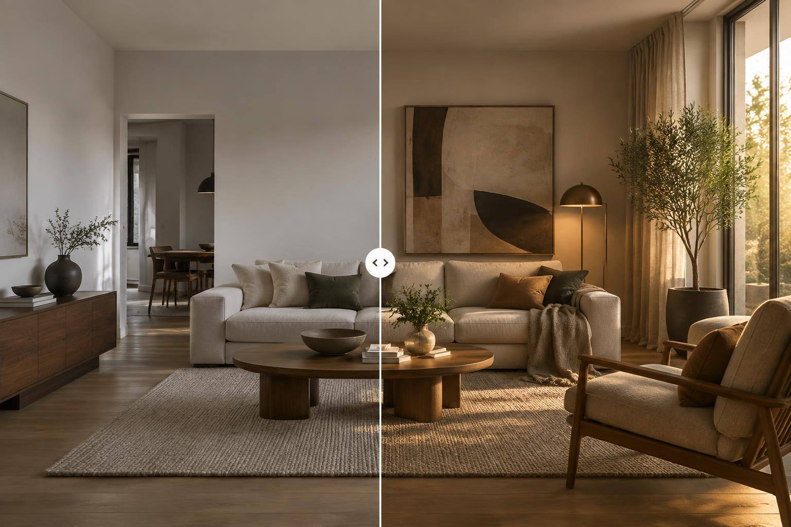 Japandi-Wohnzimmer mit hellem Sofa, Holzmöbeln, großem Teppich und sanftem Licht neben Leinenvorhängen
