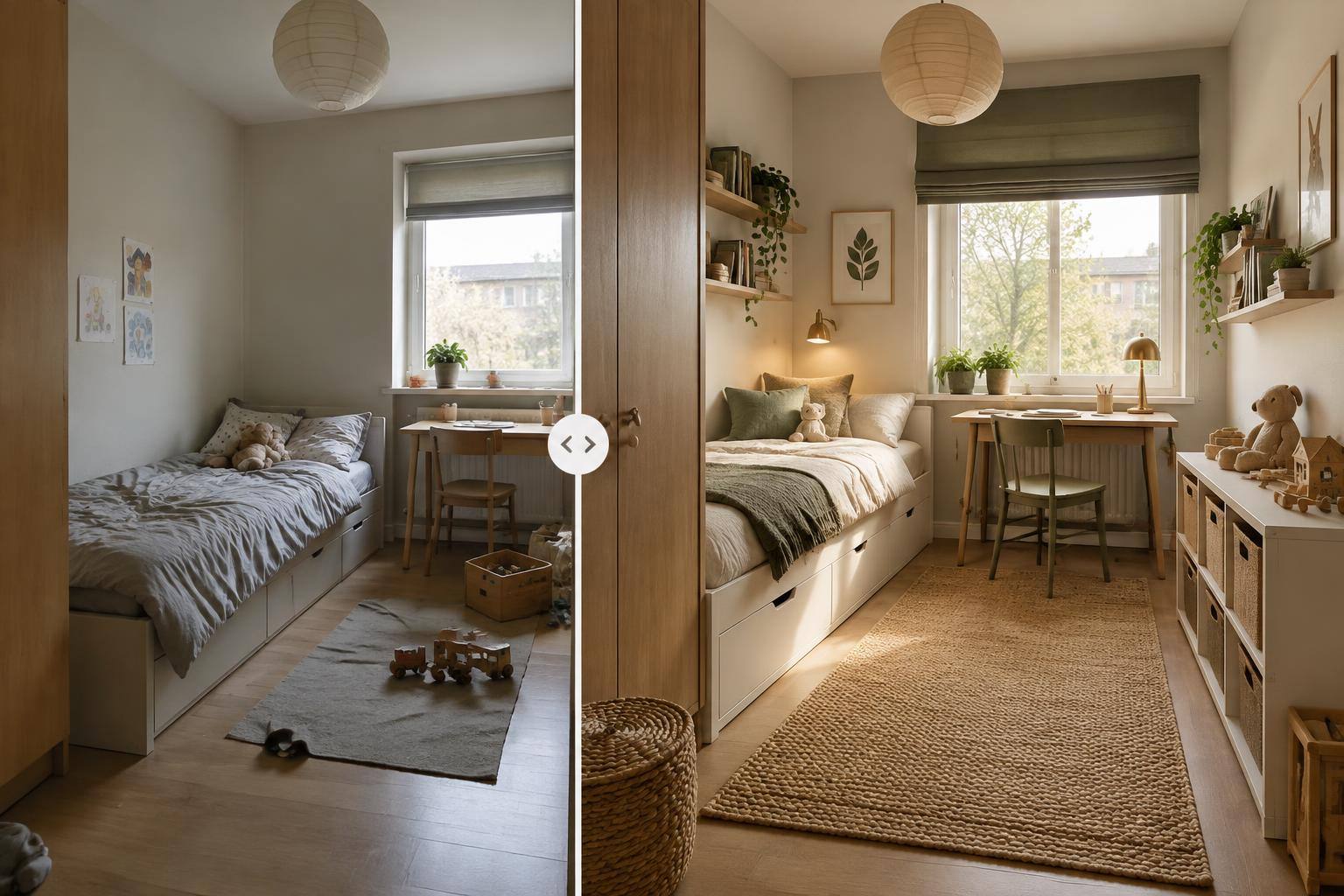 Kleines Kinderzimmer mit Stauraumbett, Schreibtisch am Fenster und freier Spielfläche in hellen Naturtönen