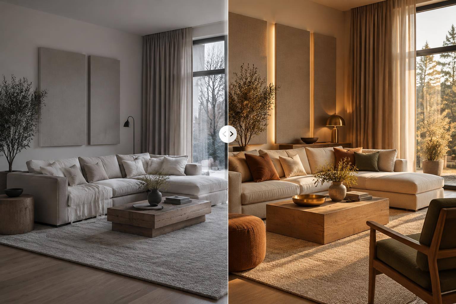 Wohnzimmer mit großem Teppich, schweren Vorhängen und textilen Wandabsorbern für weniger Nachhall