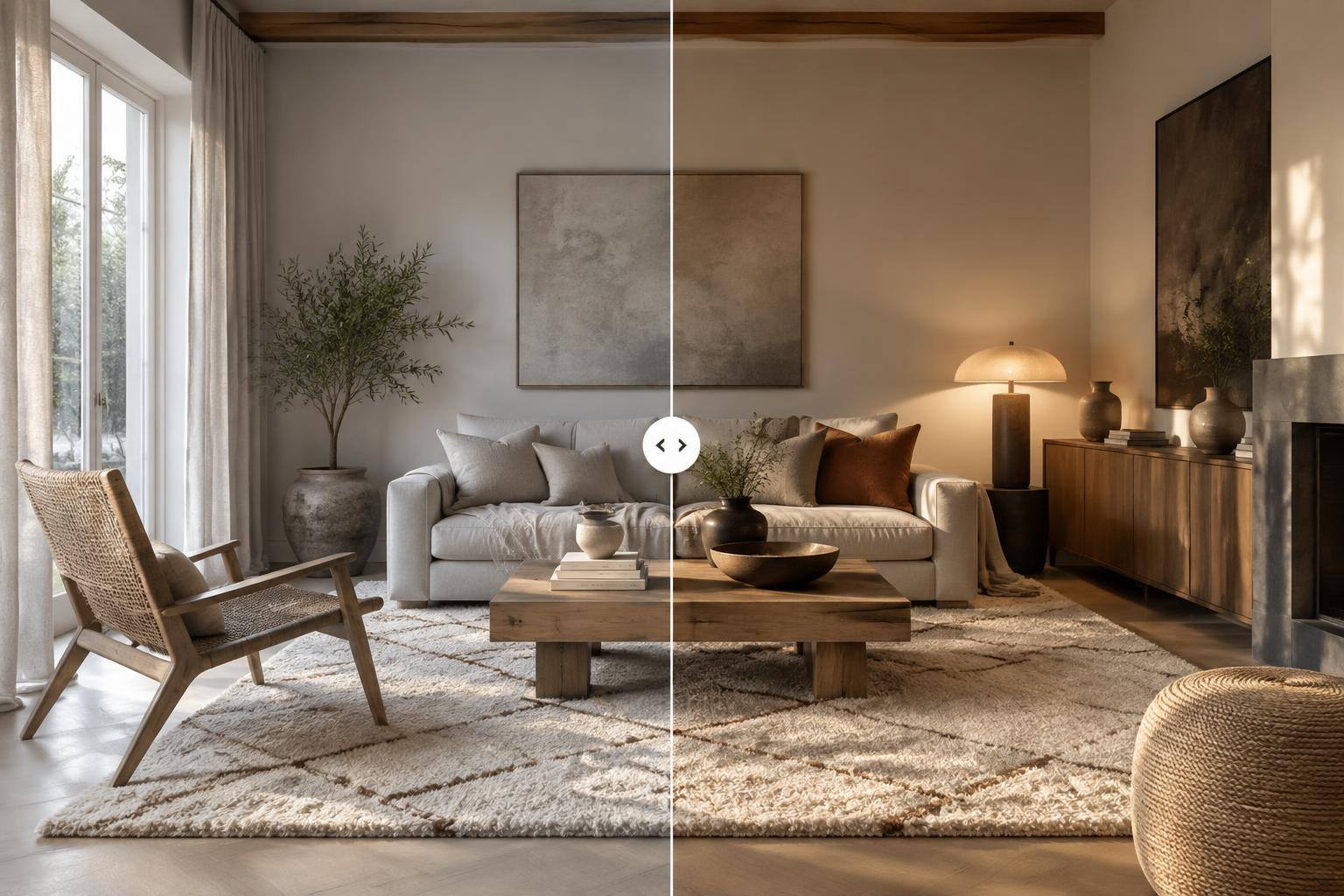Scandi-Boho-Wohnzimmer mit hellem Sofa, Flechtsessel, Wollteppich und rostfarbenen Akzenten