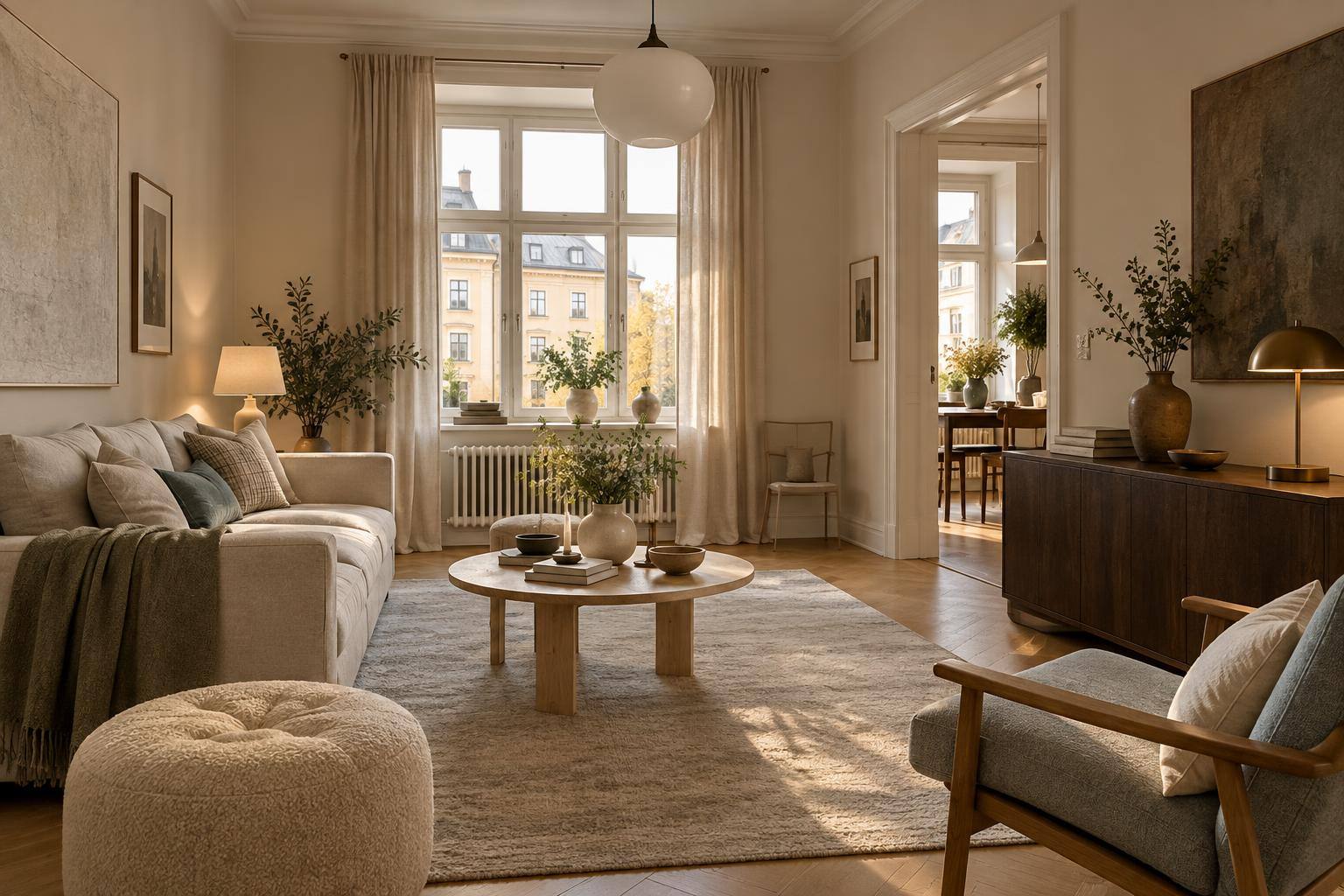 Scandi-Wohnzimmer mit hellem Sofa, Eichenboden, Wollteppich, dunklem Sideboard und warmem Licht