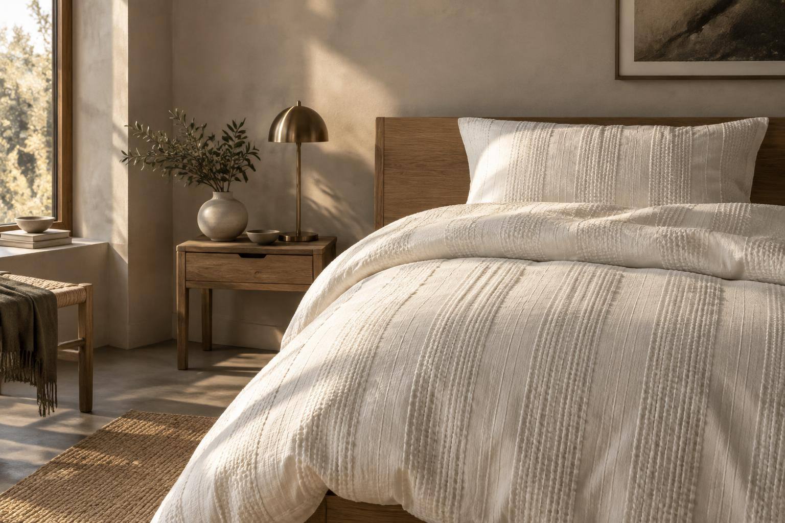 Elfenbeinfarbene Seersucker-Bettwäsche mit feiner Kräuselstruktur auf einem Holzbett im kleinen Schlafzimmer
