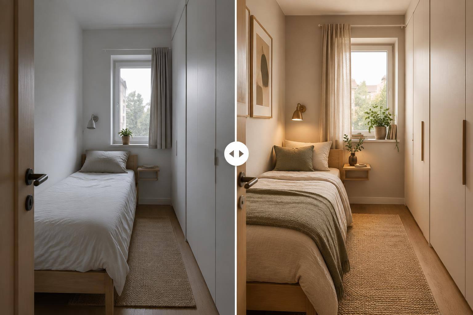 Sehr kleines Schlafzimmer mit schmalem Holzbett, hohem Kleiderschrank, Wandablage und freiem Laufweg