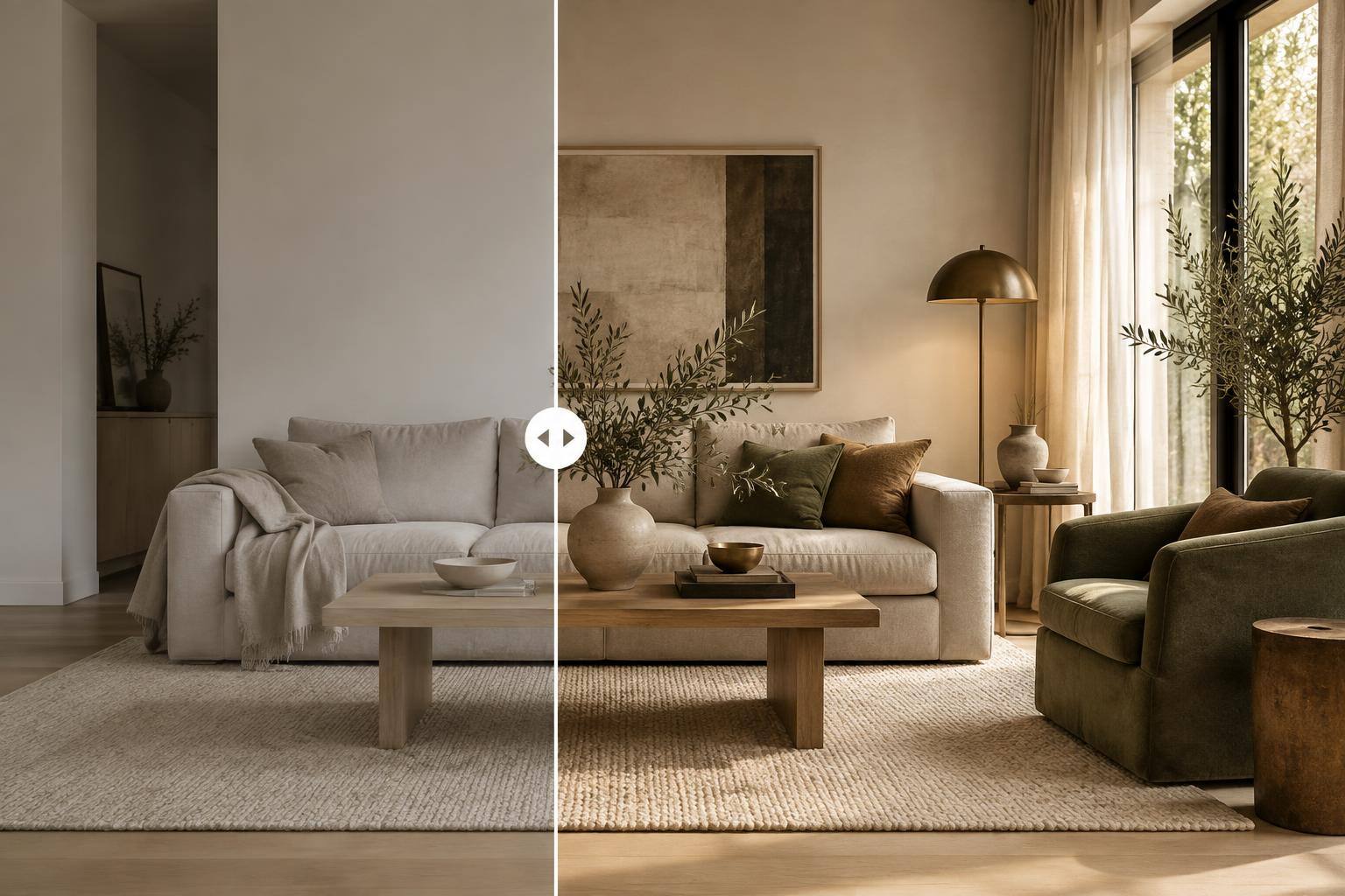Skandinavisches Wohnzimmer mit warmweißen Wänden, Eichenholz, beigem Sofa und salbeigrünen Akzenten