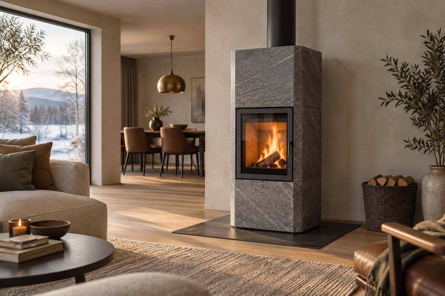 Speckstein-Kaminofen mit grauer Natursteinverkleidung und sichtbarem Feuer in einem hellen Wohnzimmer