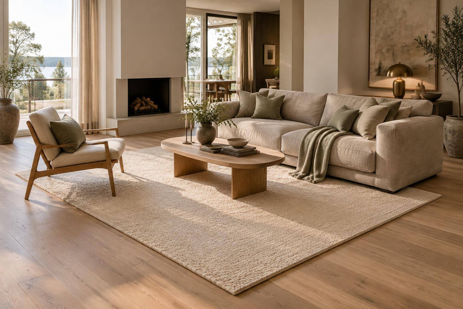 Großer rechteckiger Teppich unter Sofa und Sessel mit sichtbarem Bodenrand im hellen Wohnzimmer