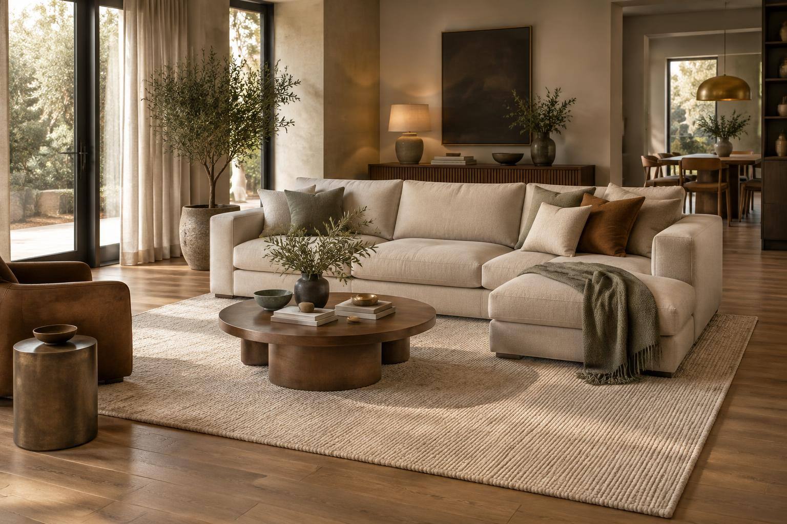 Beiges Ecksofa mit Vorderfüßen auf einem großen hellen Teppich und rundem Couchtisch im Wohnzimmer