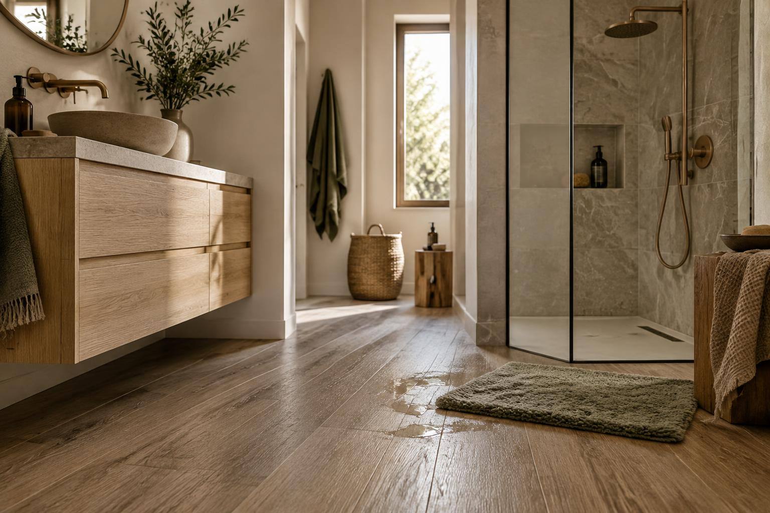 Vinylboden in Holzoptik im Badezimmer mit kleiner Pfütze neben einer Badematte und sichtbaren Plankenfugen