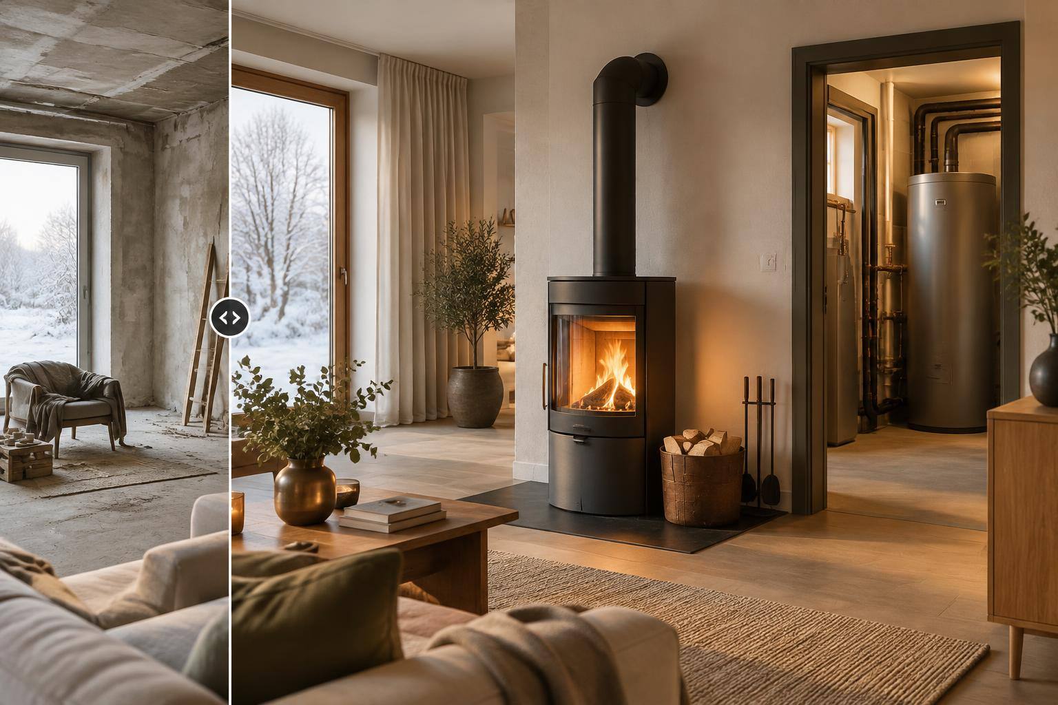 Wasserführender Kaminofen im Wohnzimmer mit Pufferspeicher im angrenzenden Technikraum