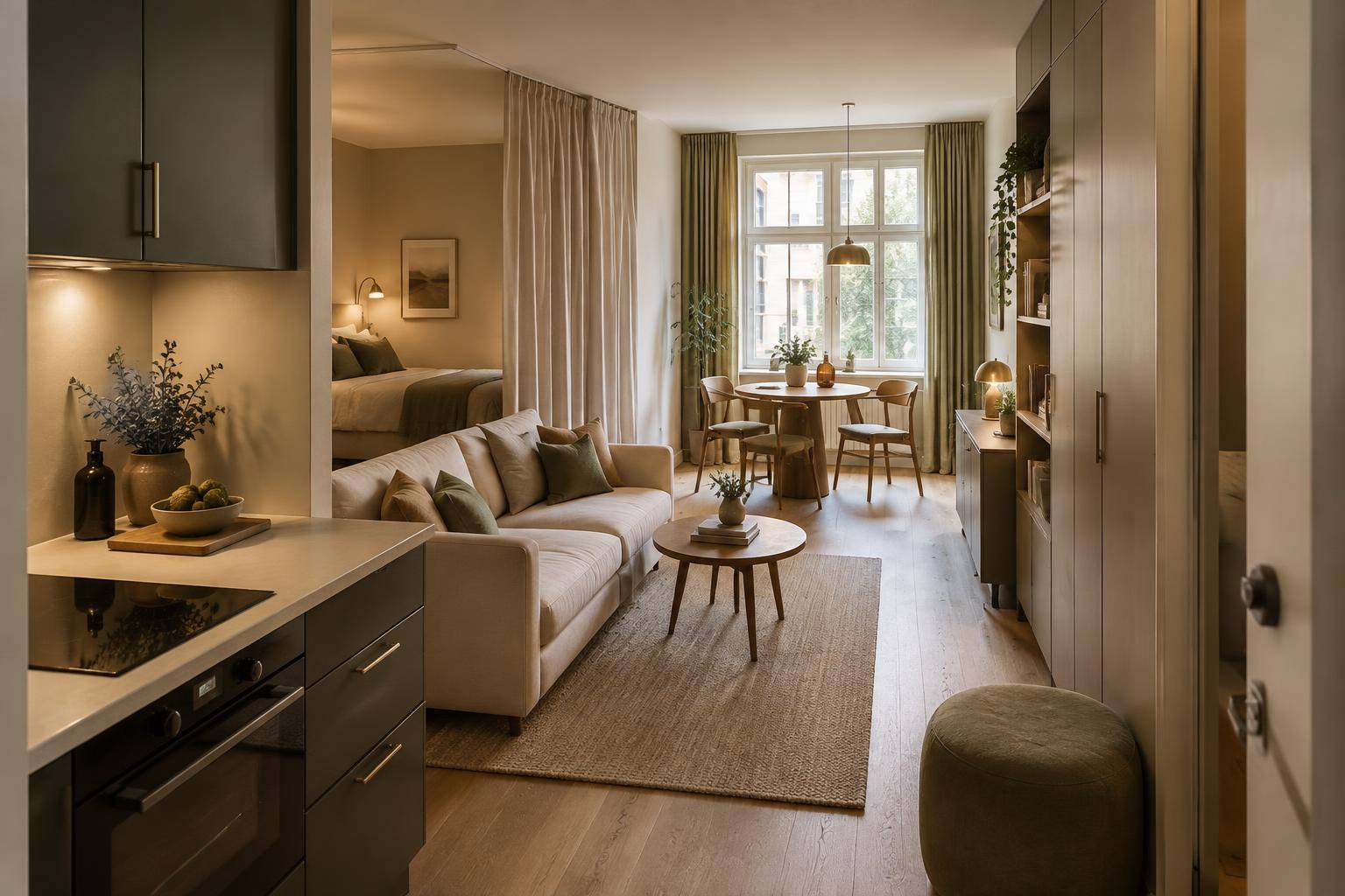 30-qm-Wohnung mit abgetrennter Schlafnische, kompakter Küche, kleinem Tisch und freien Laufwegen