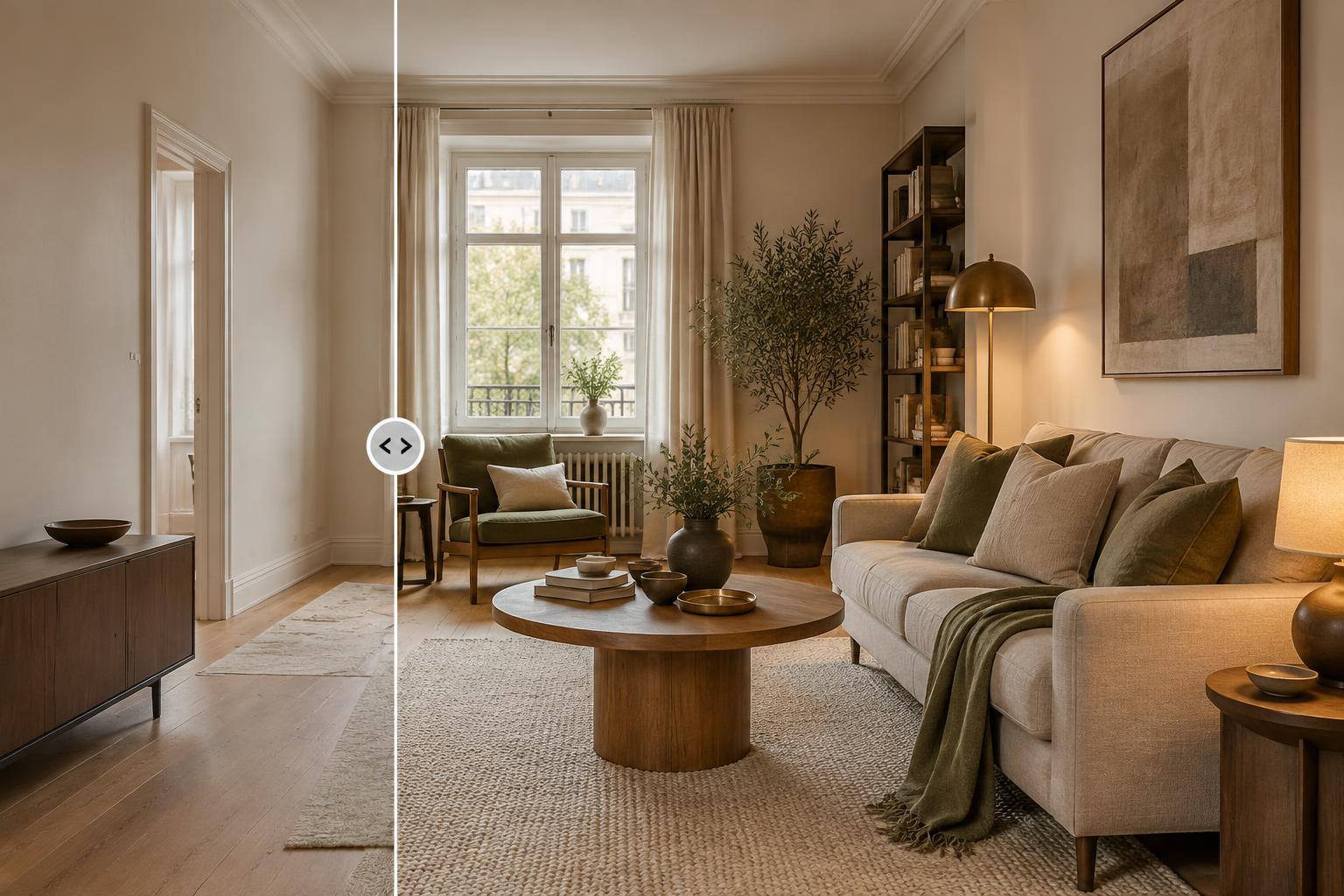 Skandinavisches Wohnzimmer mit hellem Sofa, Eichenmöbeln, cremefarbenem Teppich und warmem Licht